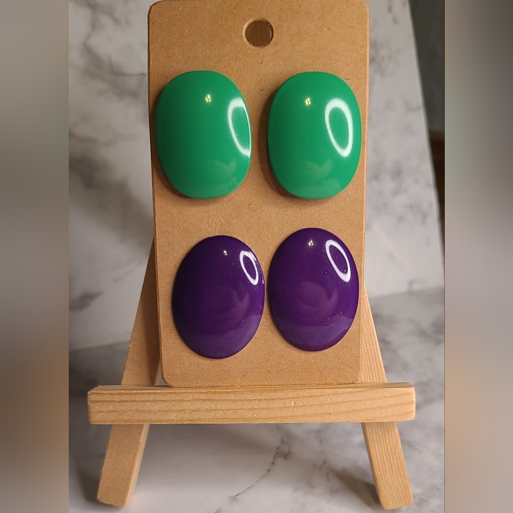 2 pairs of vintage enameled oval colorful earrings - purple, green